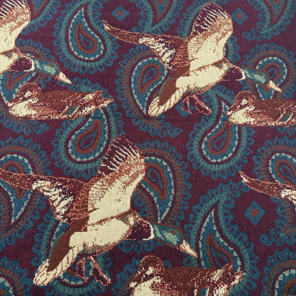 Vtg Woven Tapestry Throw Blanket Mallard Duck Paisley Fringe Burgundy Teal 47x70 - Picture 1 of 12